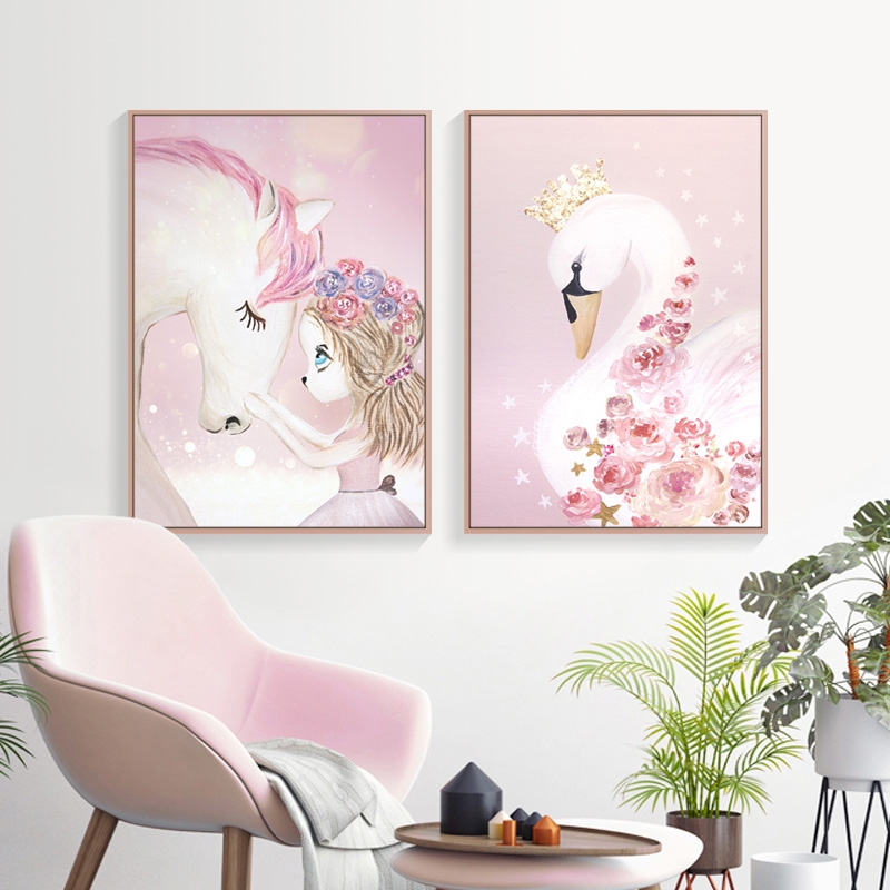 Affisch - Flicka med enhörning och Swan / set med 2