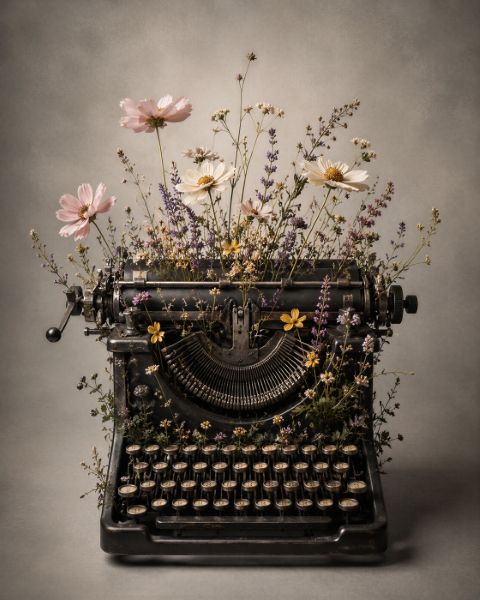 Affisch - Vintage Skrivmaskin med Blommor