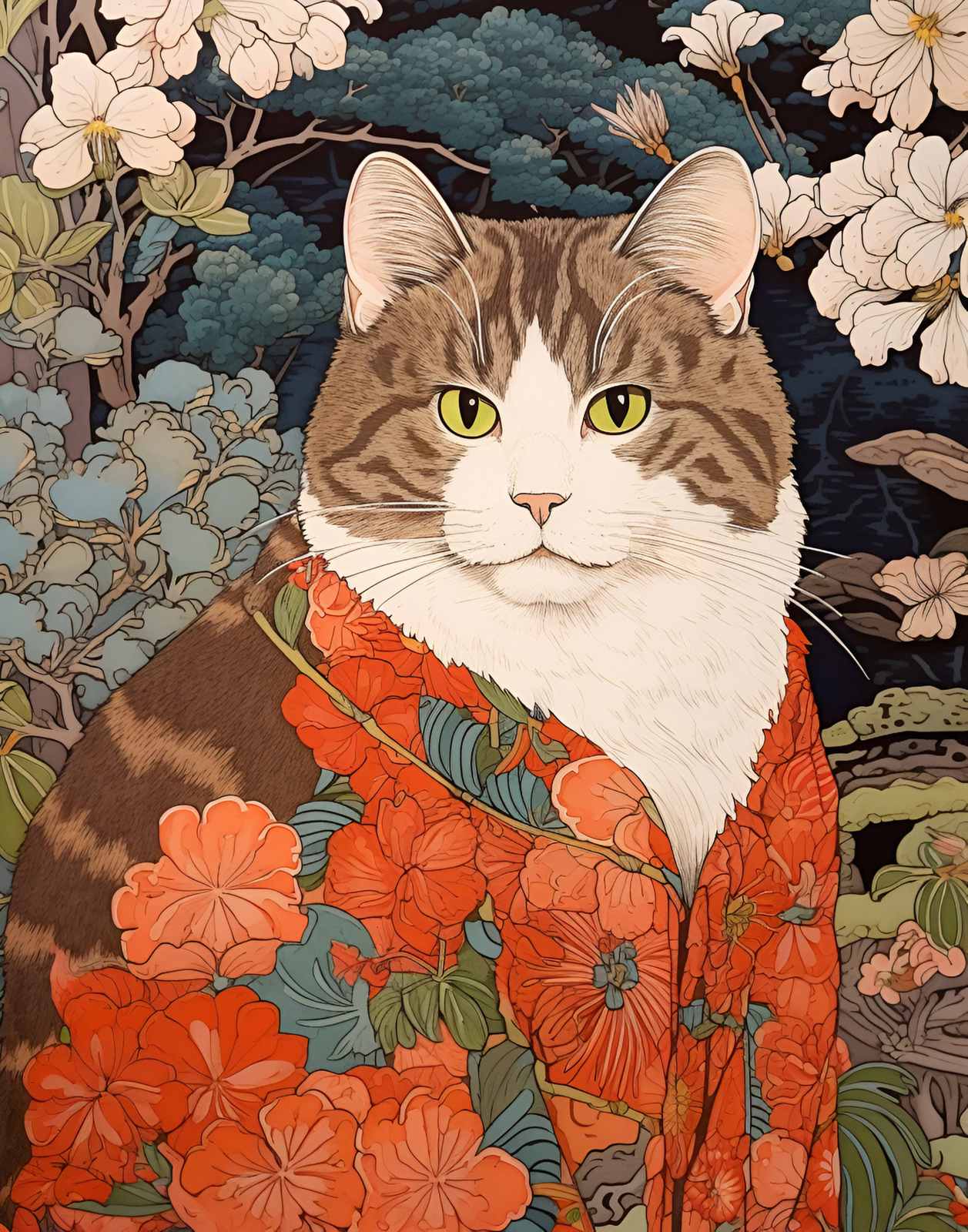 Poster - Katt i Blommigt Kimono