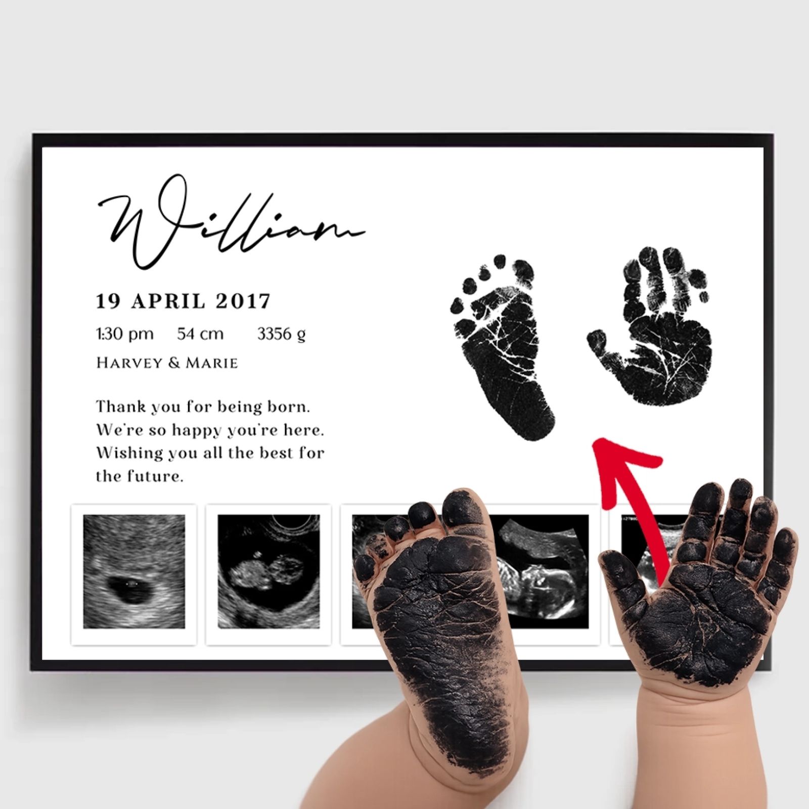Personlig Poster - Polaroid Födelseposter med Baby Hand- & Fotavtryck