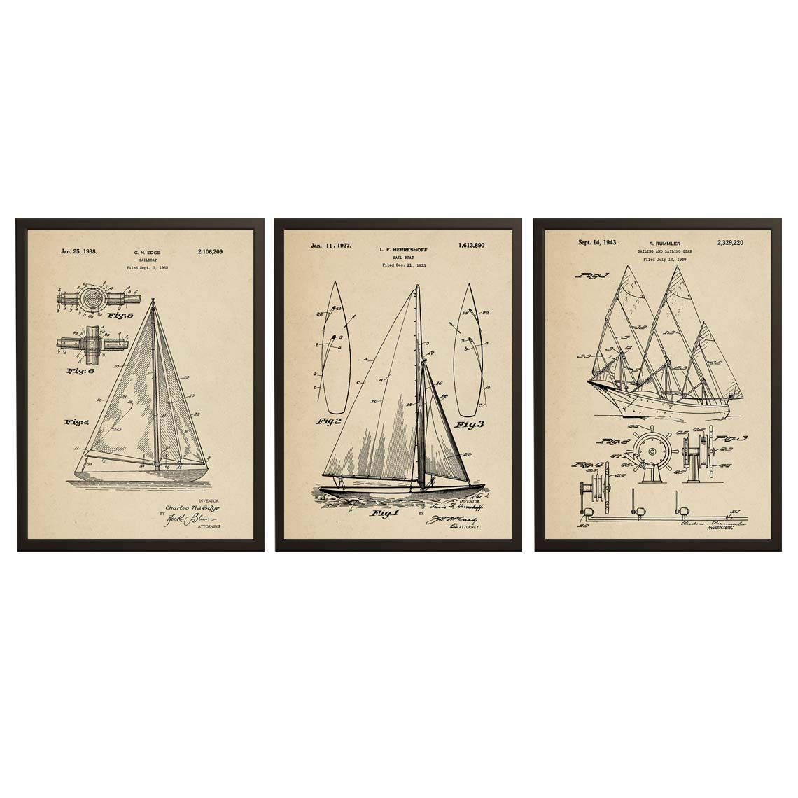 Patentritningsposter - Segelbåtsritning / Set om 3