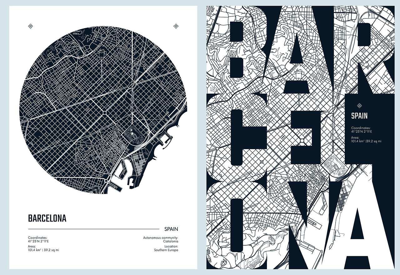 Poster - Barcelona Karta Design / Set av 2