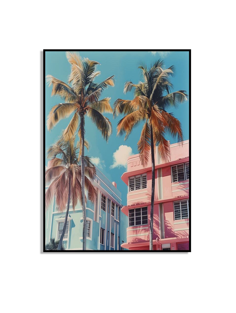 Poster med palms och färgglada byggnader