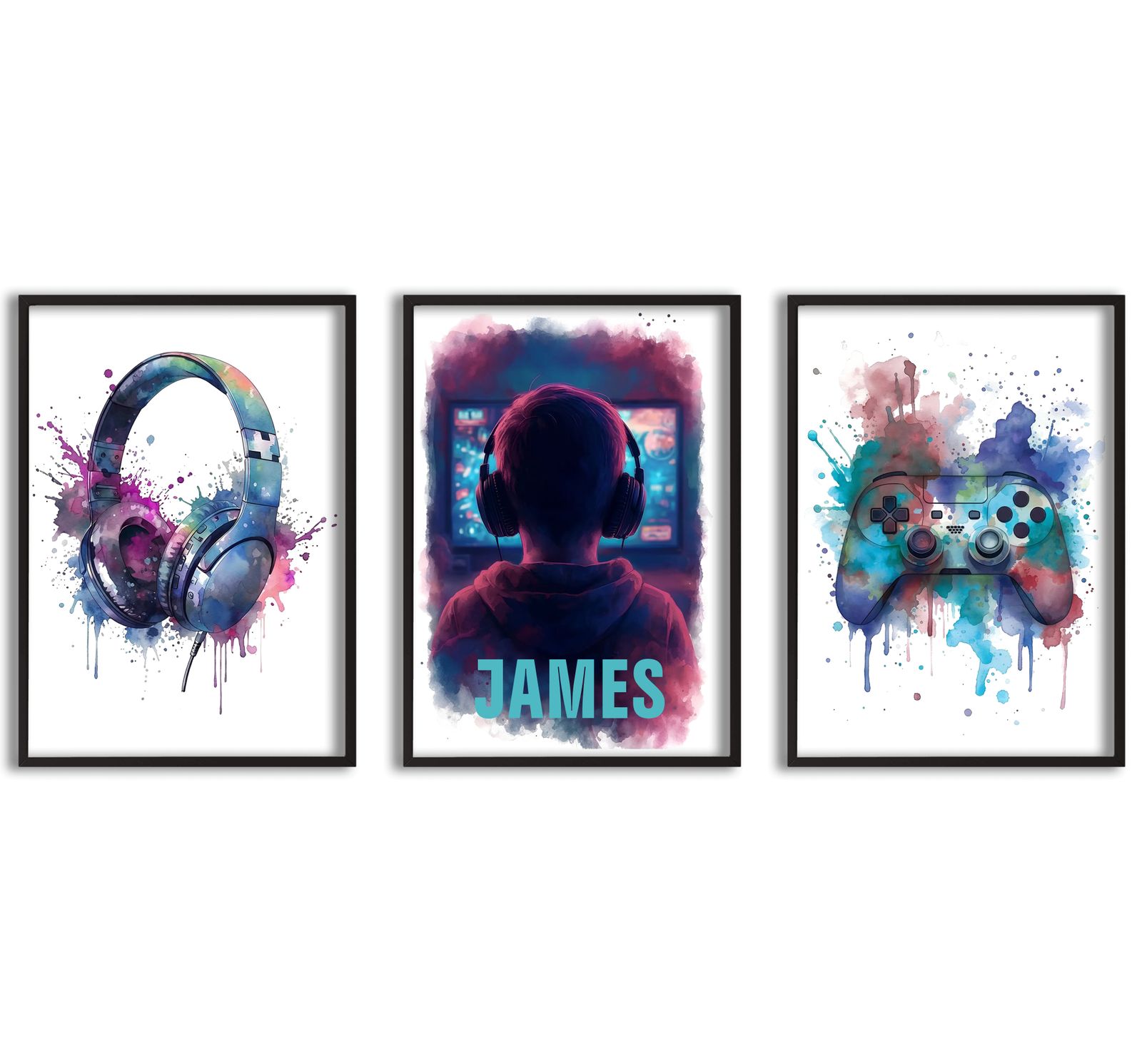 Personlig Poster - Gamer Akvarellstänk - Set om 3