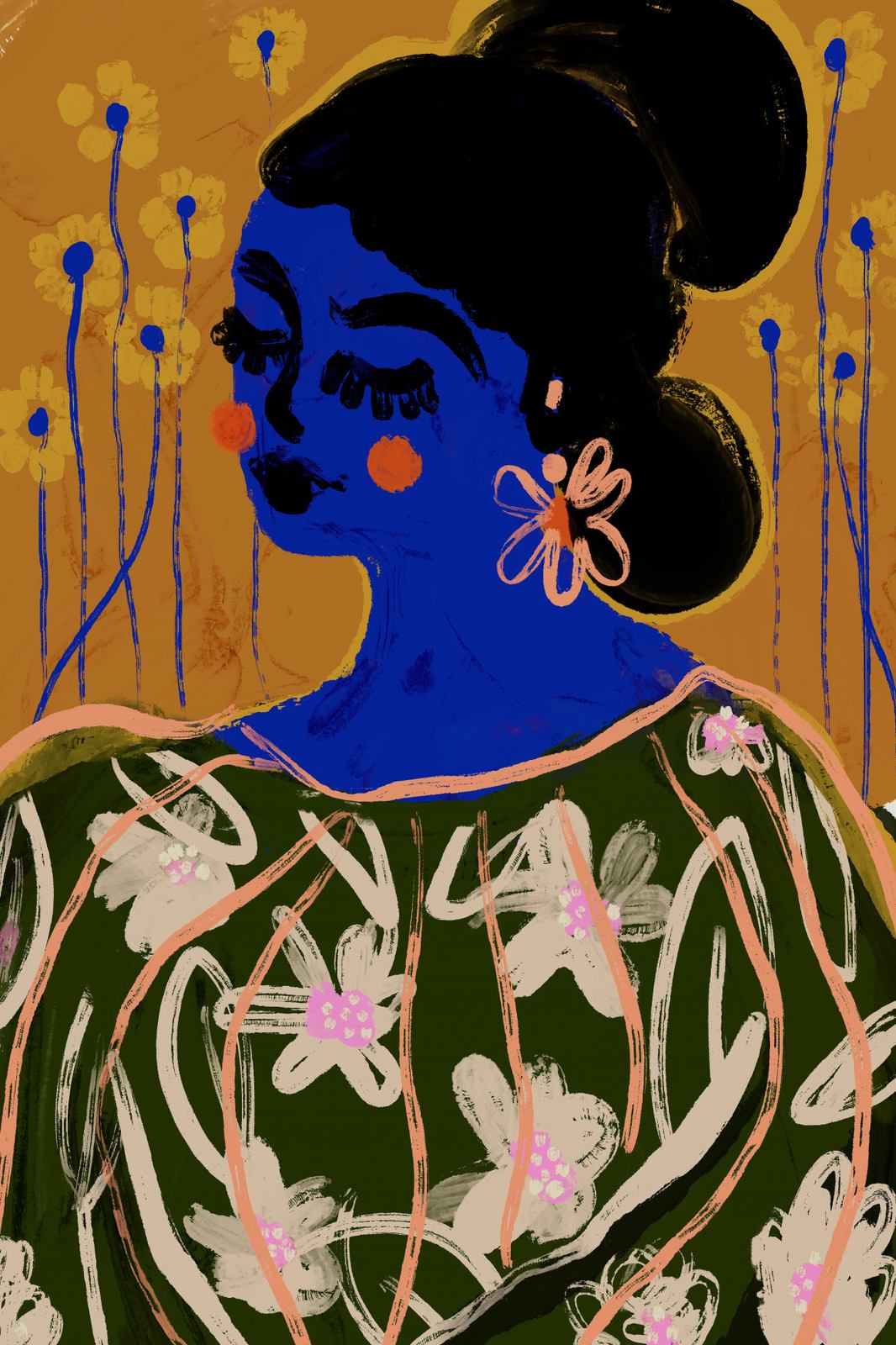 Poster - Blå Dam med Blommor
