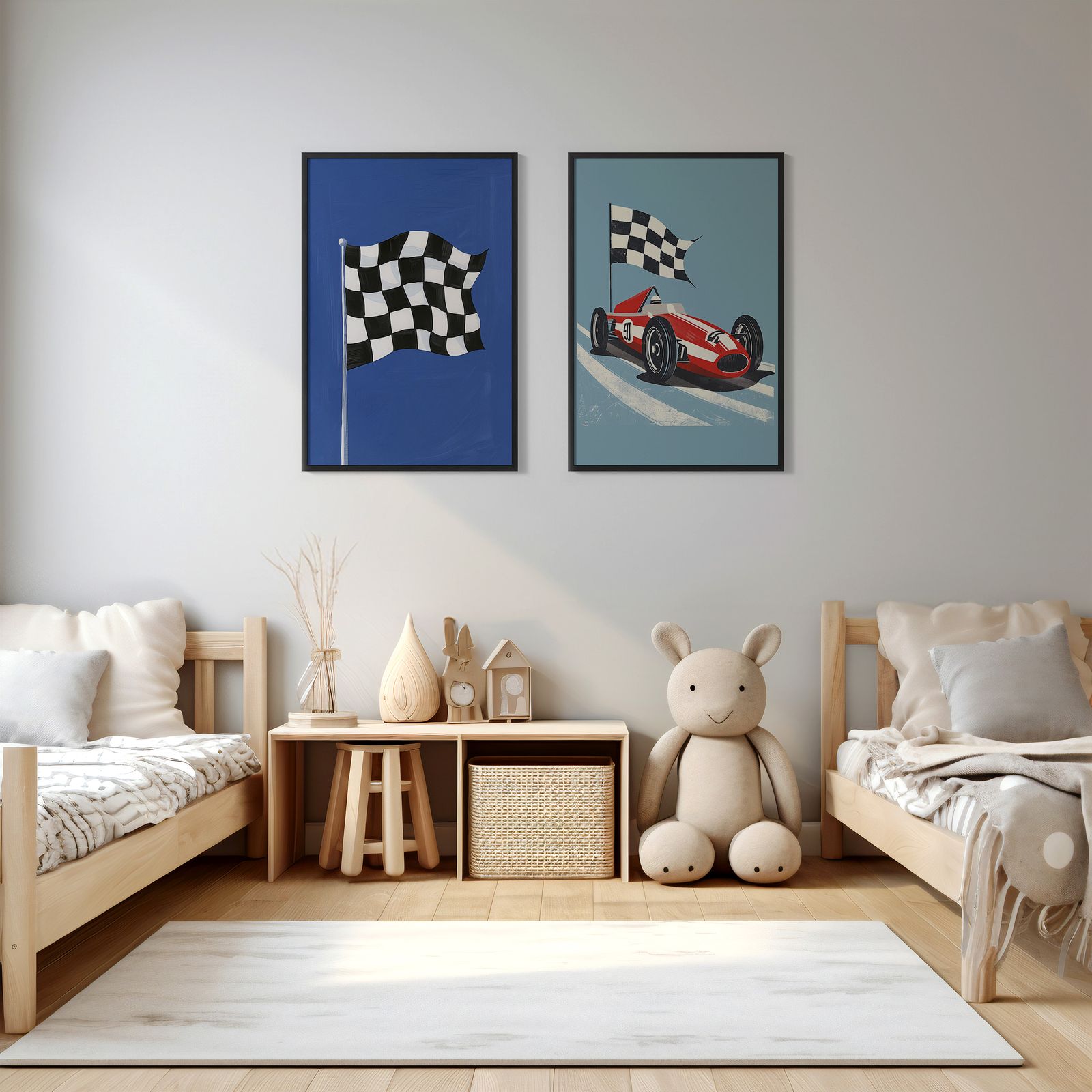 Affisch - Racingbil och Schackrutig flagga / Set om 2