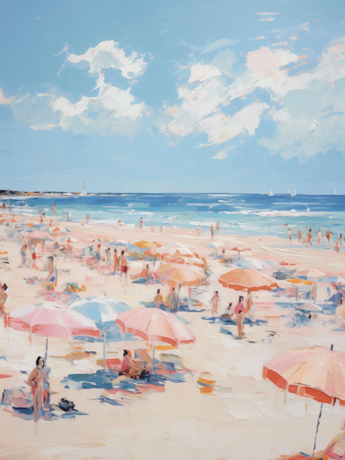 Poster - Strandscen med Paraplyer