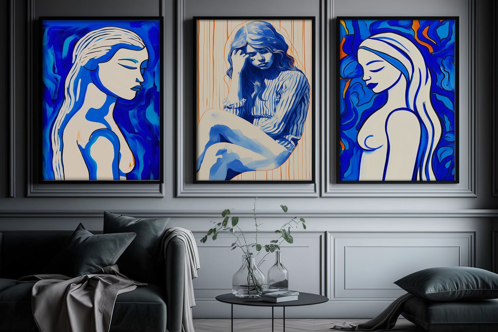 Poster - Konstnärlig Blåa Porträtt / Set av 3