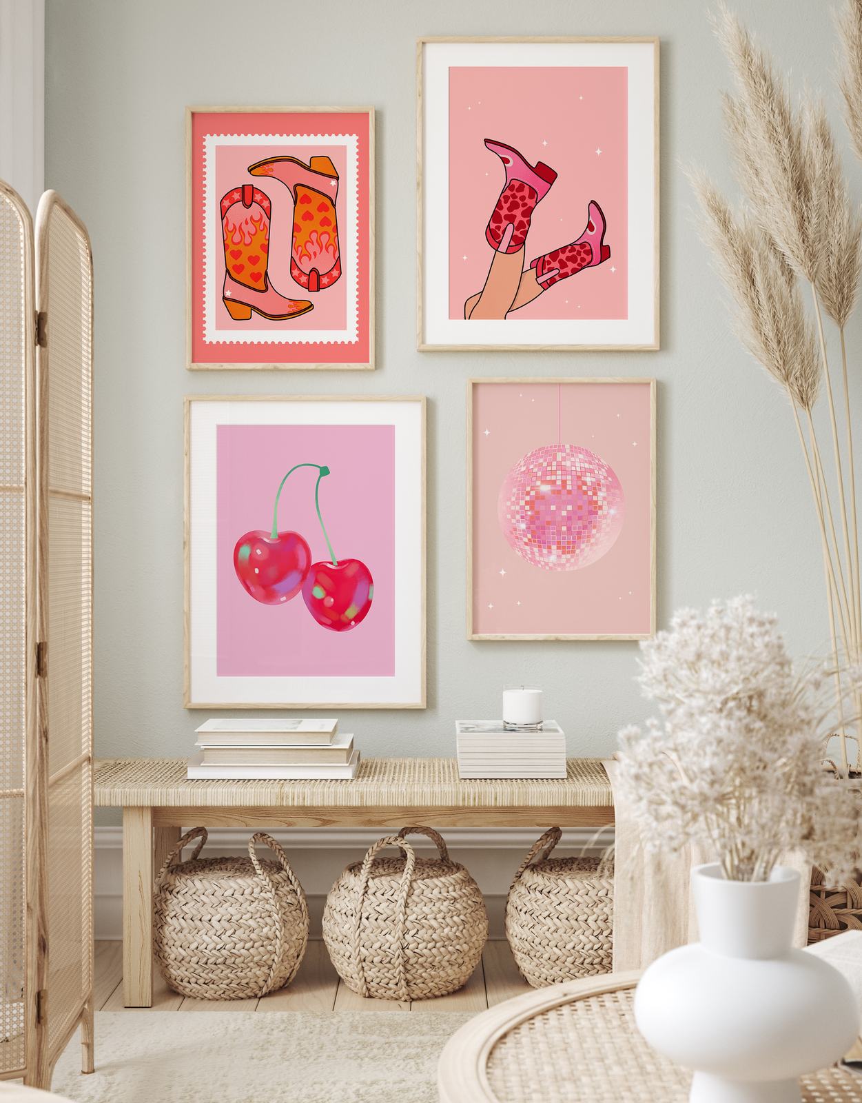 Poster - Körsbär och Stövlar Konst / Set av 4