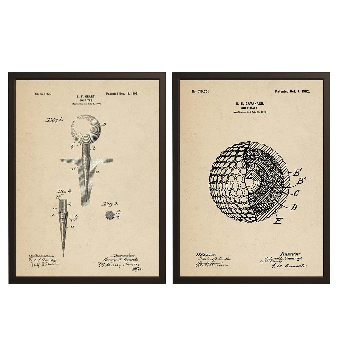 Patentritningsposter - Golfboll och Tee / Set om 2