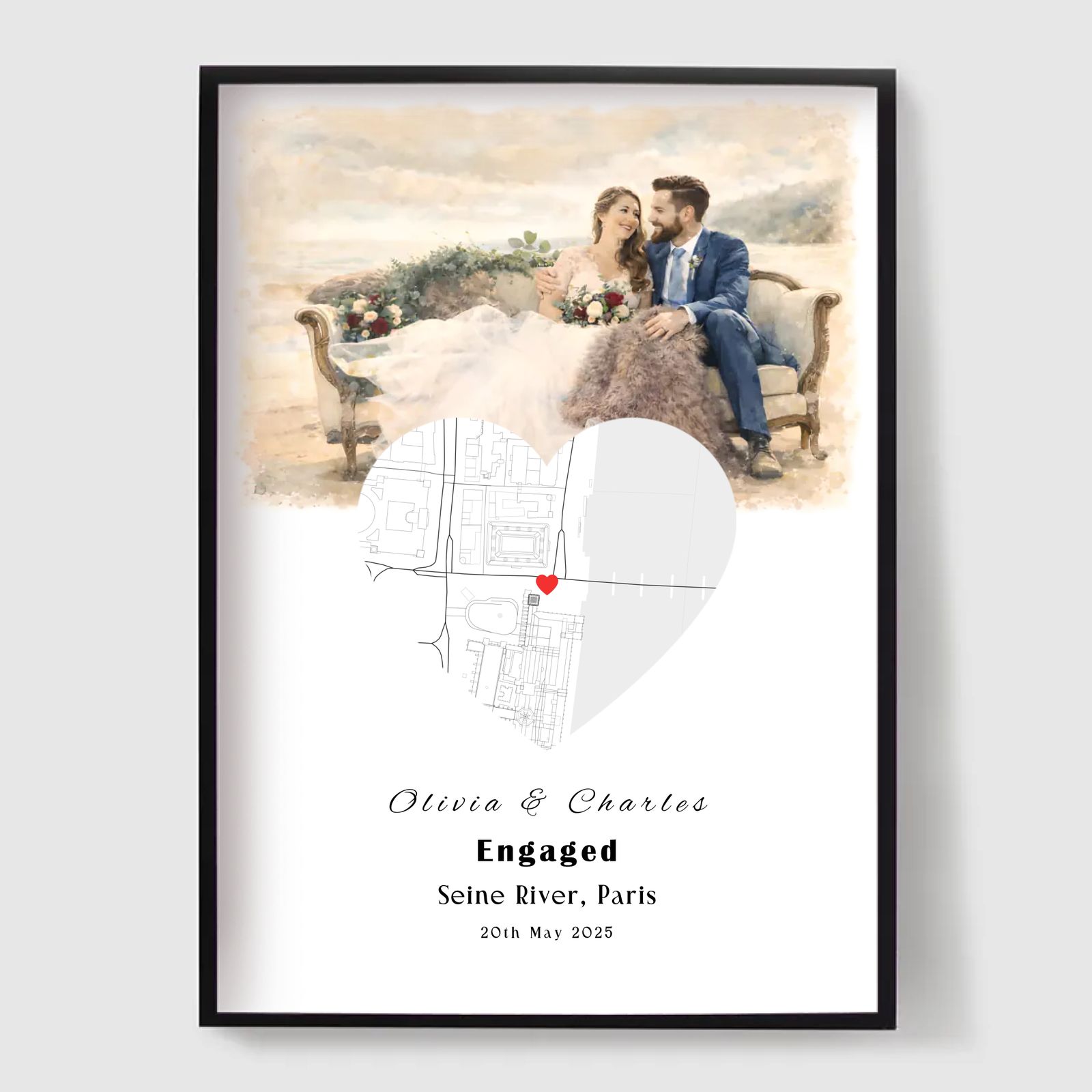Personlig Poster - Akvarellförlovningsfoto & Karta