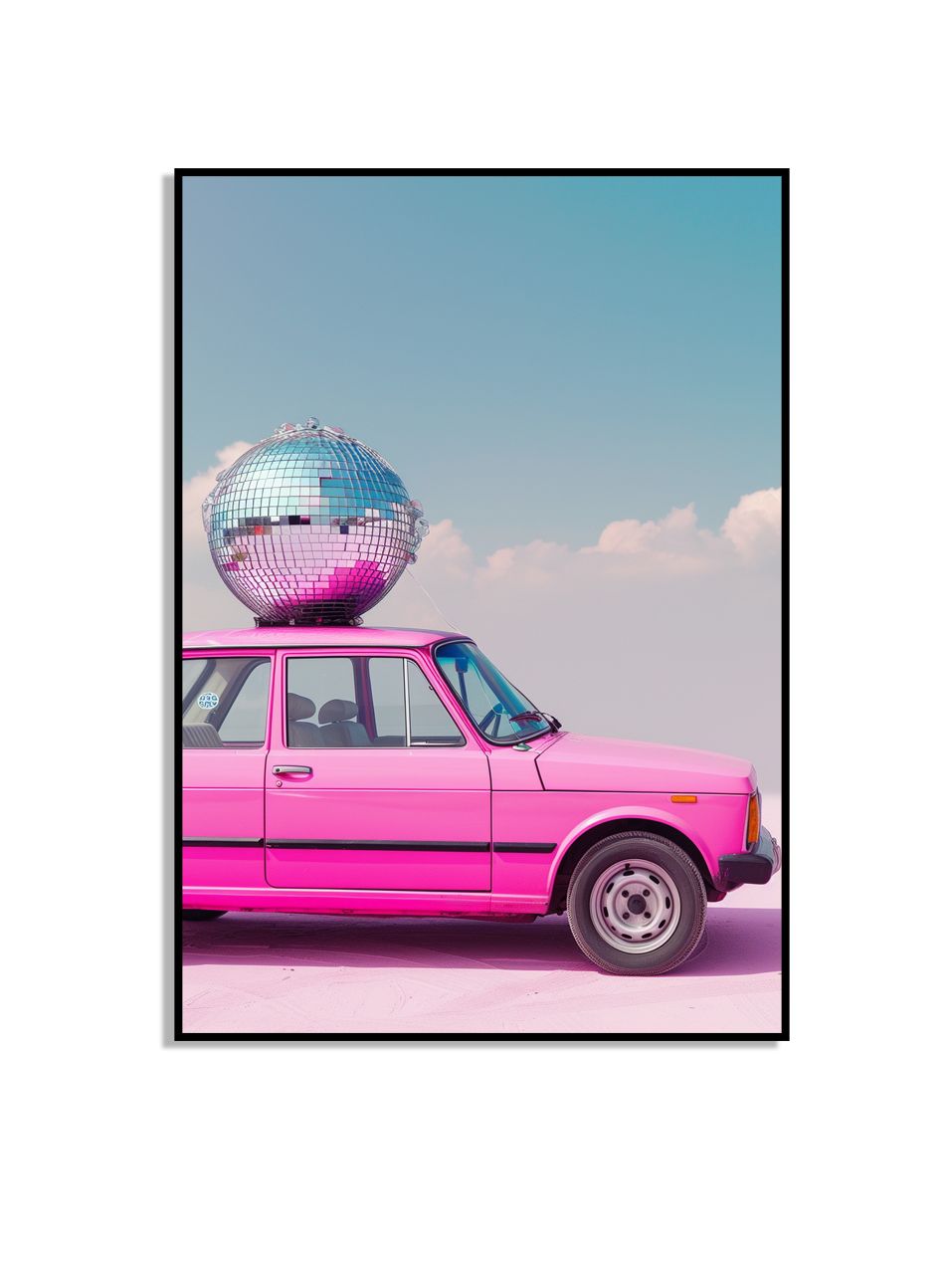 Rosa Bil Med Disco Boll Poster