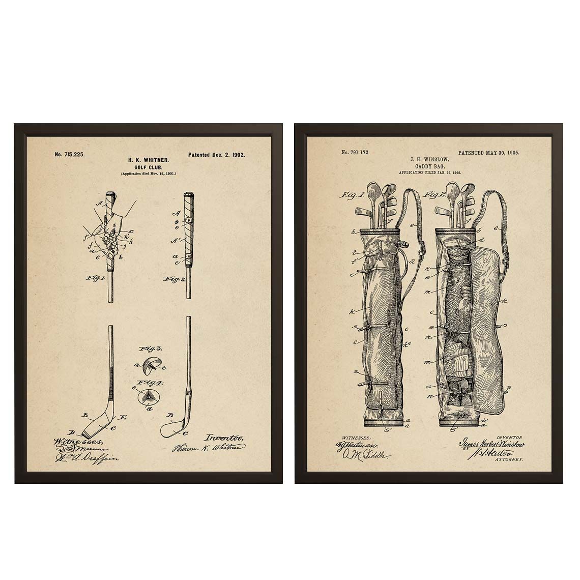 Patentritning Poster - Golfklubba och Caddyväska / Set av 2