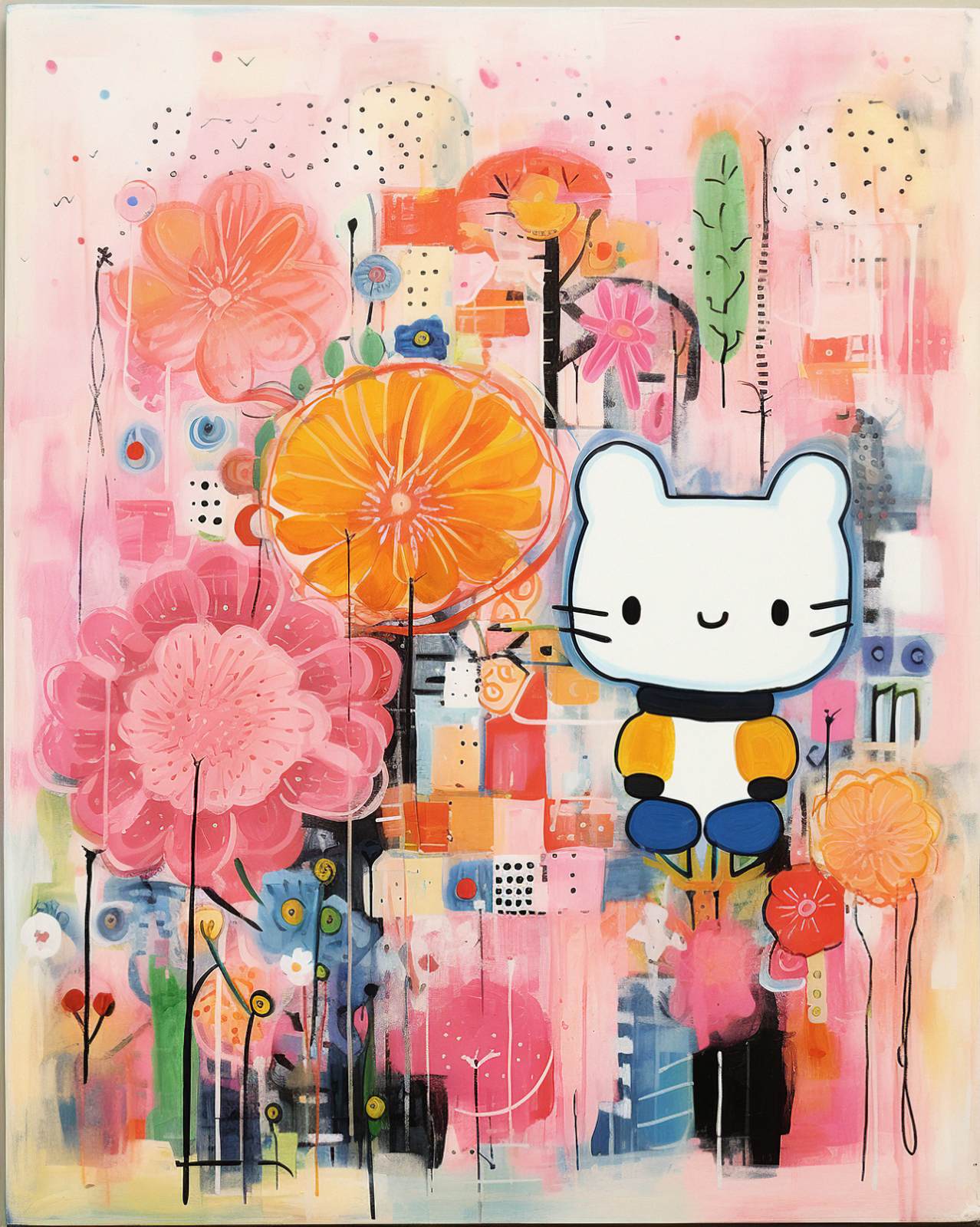 Poster - Söt Tecknad Katt och Blommor