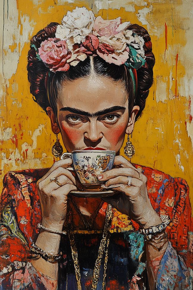 Poster - Frida Kahlo med tekopp