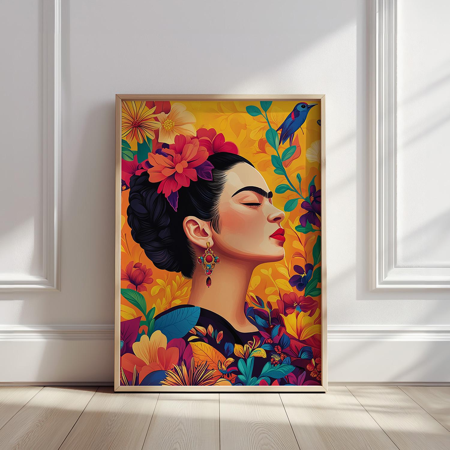 Poster - Blommigt Frida Porträtt