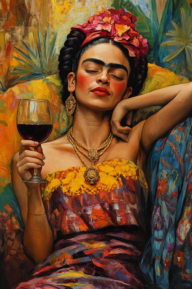 Poster - Frida Kahlo med vin