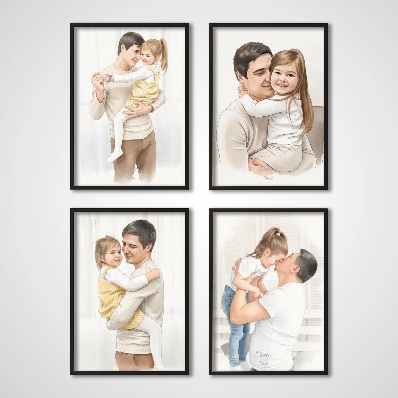 Personlig Poster - Akvarellporträtt - Set om 4 - AI Poster