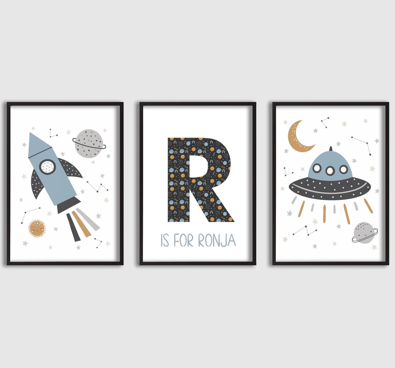Personlig Poster - UFO och Raket Namn Poster - Set om 3