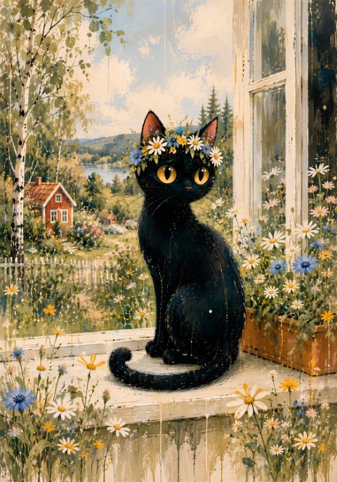 Poster - Blomkrans Katt vid Fönster