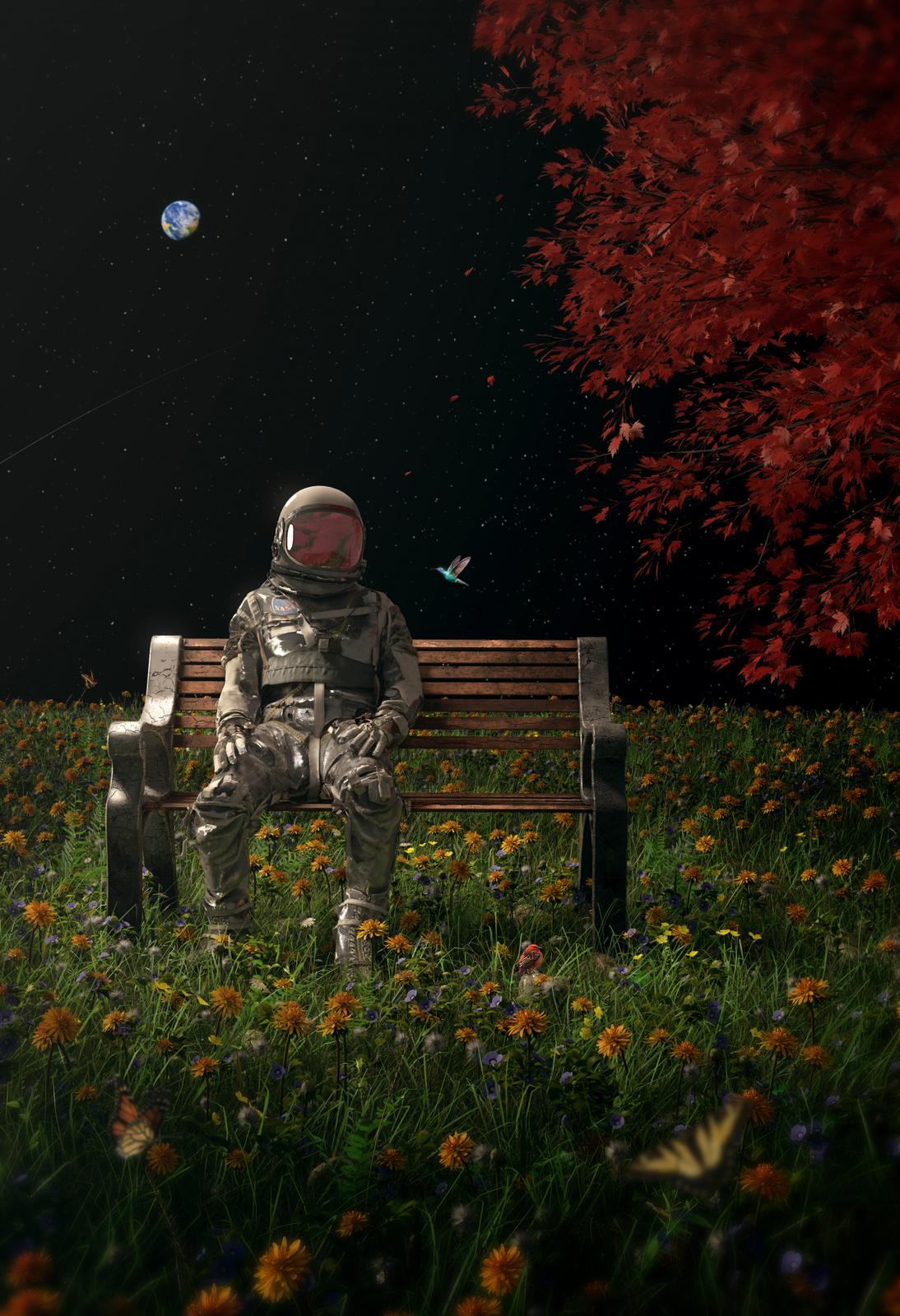 Poster - Astronaut på bänk