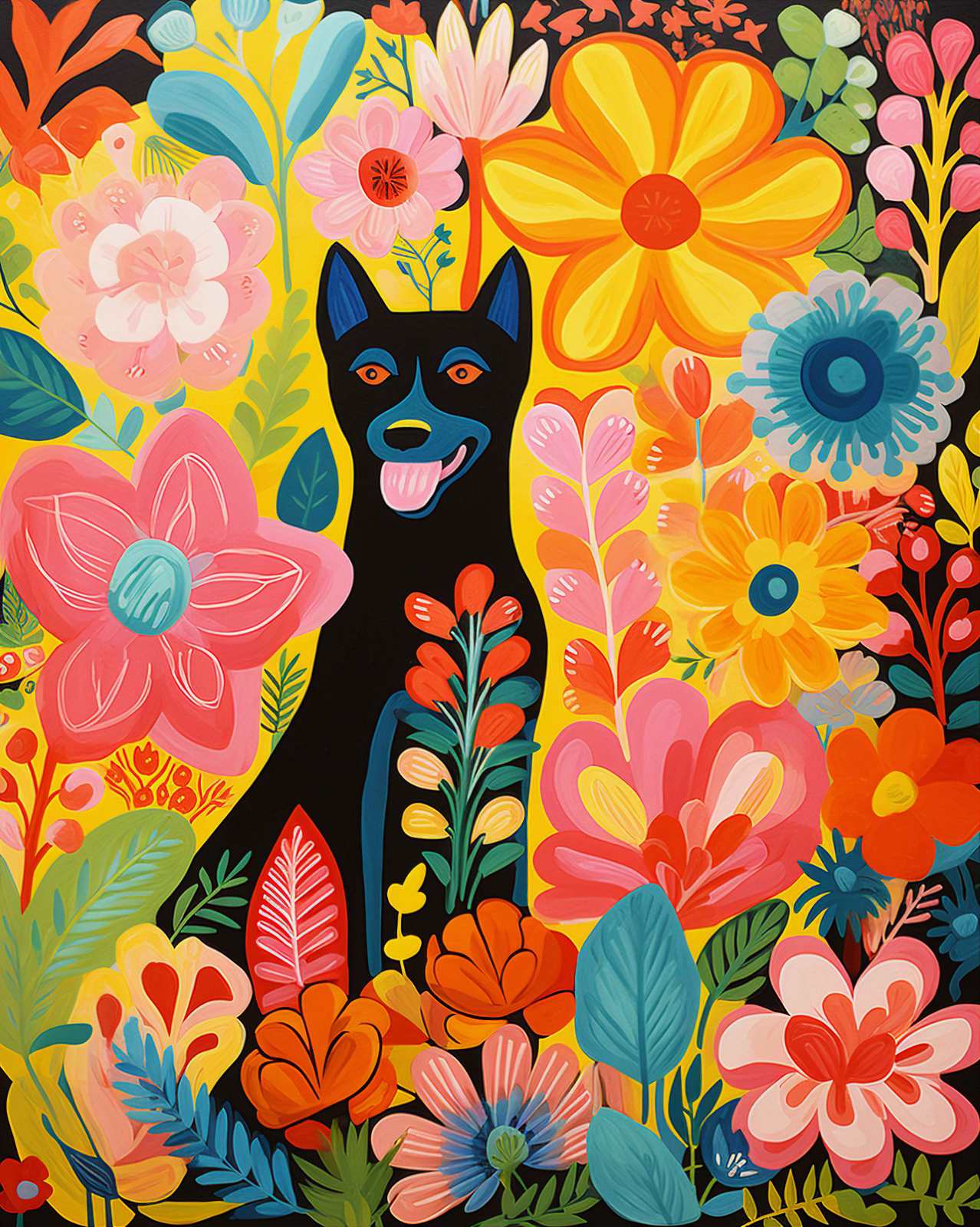 Affisch - Färgfull Hund och Blommor