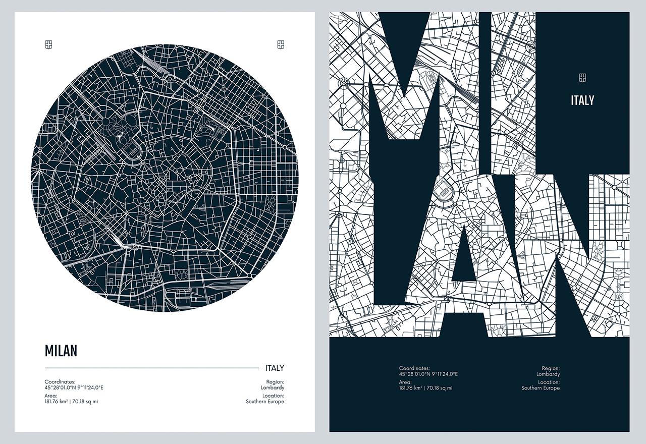 Poster - Milan Stadskarta / Set av 2