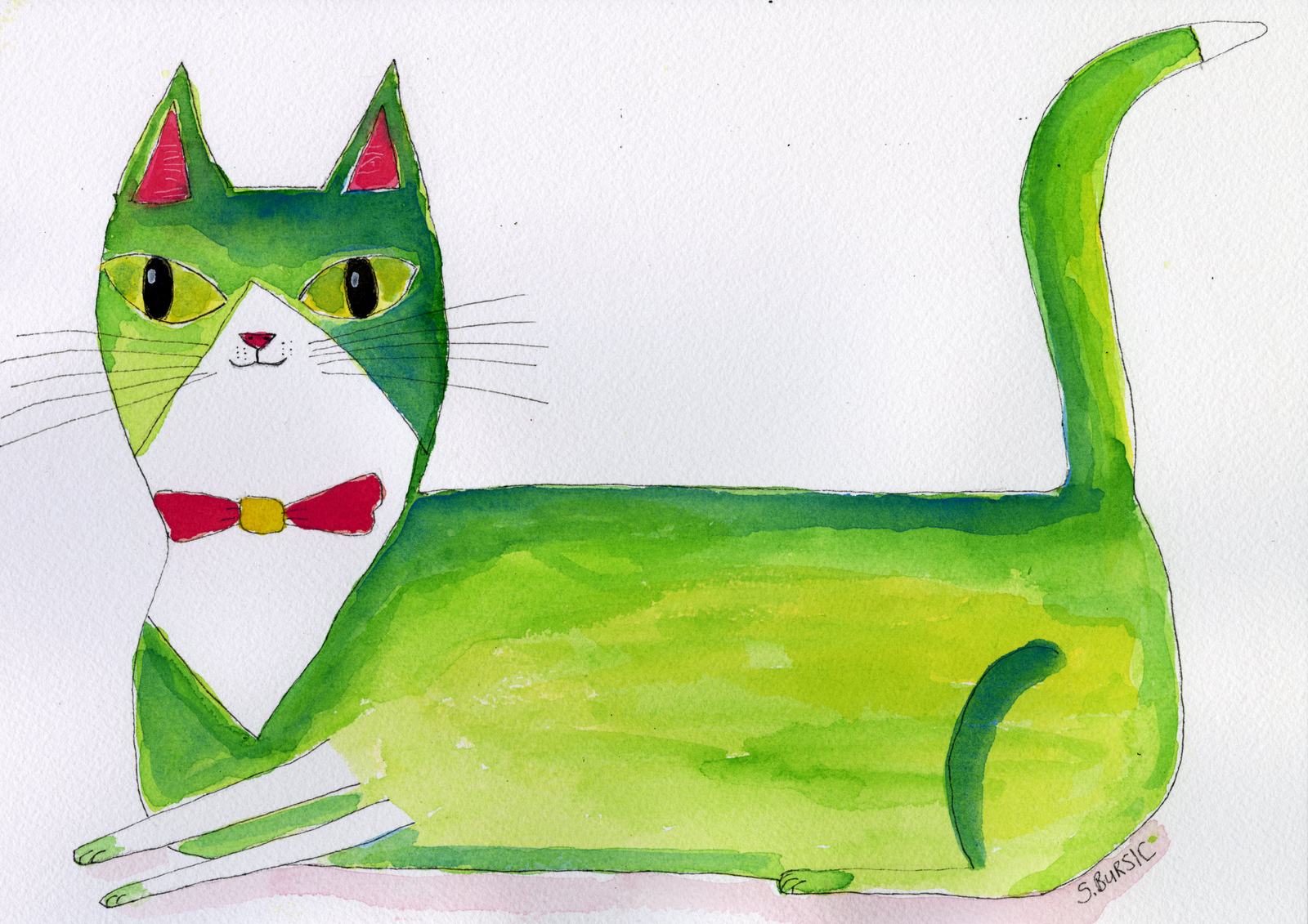 Poster - Grön Katt med Fluga