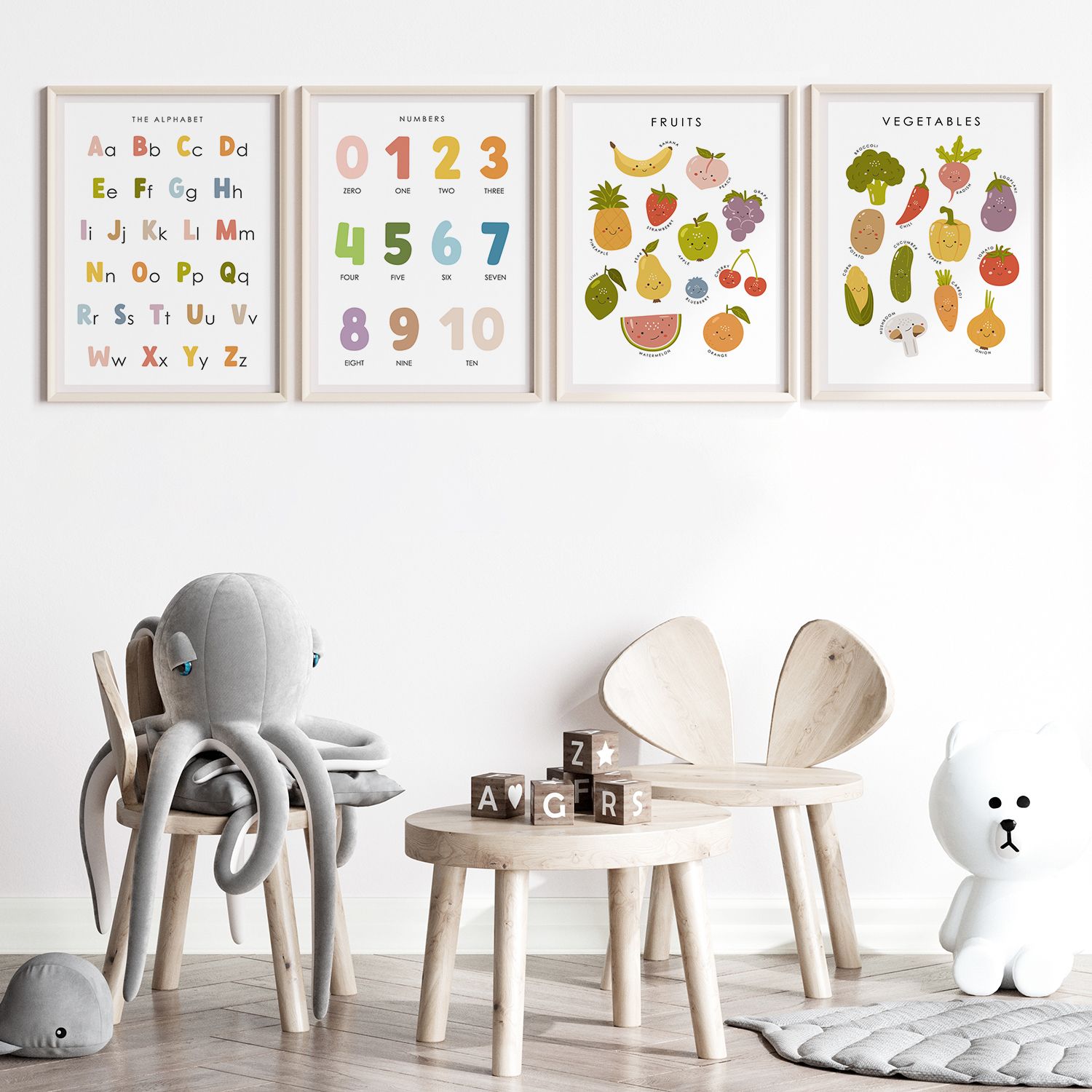 Poster - Alfabet, Nummer och Frukt / Set om 4