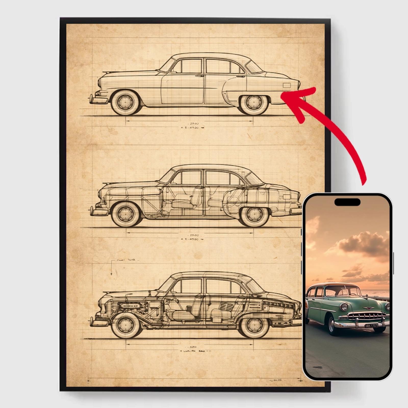Personlig Poster - Vintage Fordonsritning - AI Poster