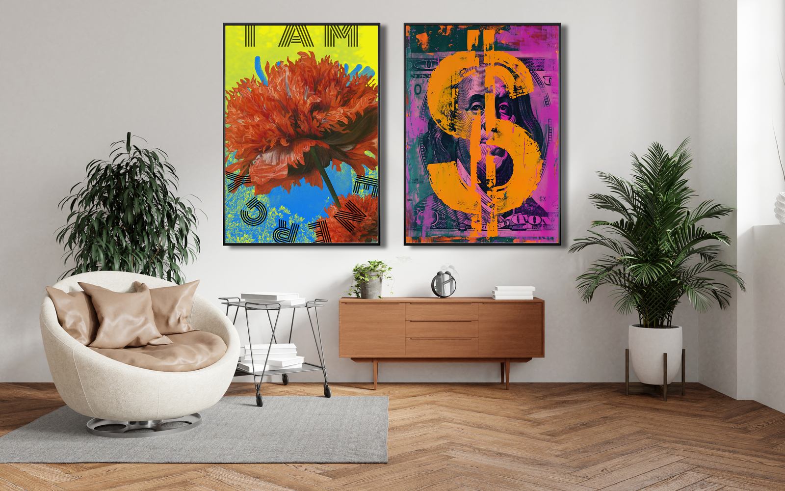 Poster - Pop Art Blomma och Dollarsymbol / Set om 2