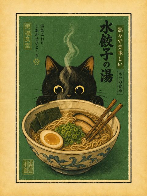Poster - Nyfiken Katt Ramen
