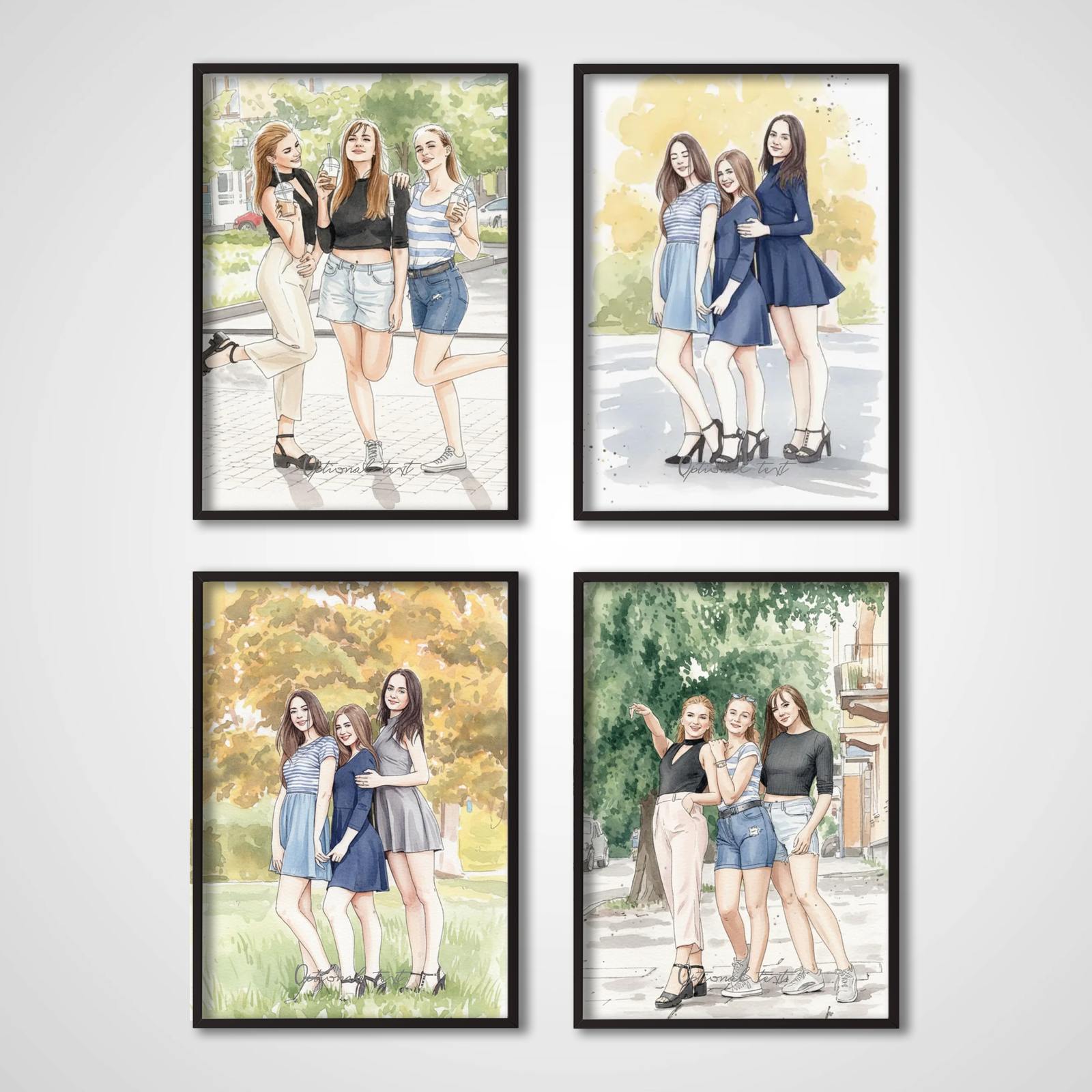 Personlig Poster - Penn- & Akvarellporträtt - Set om 4 - AI Poster