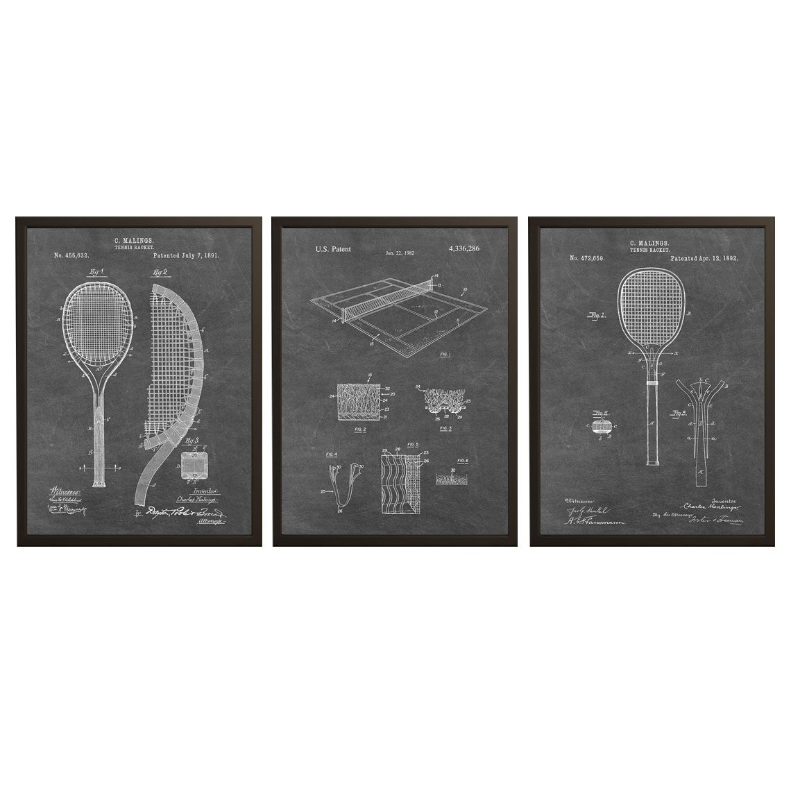 Patentritningsposter - Tennisspade och Bana / Set om 3