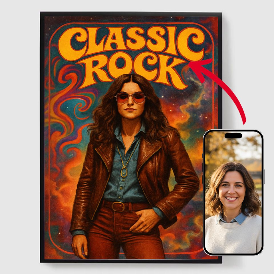 Personlig affisch – Klassisk 70-talsrockstil – AI-affisch