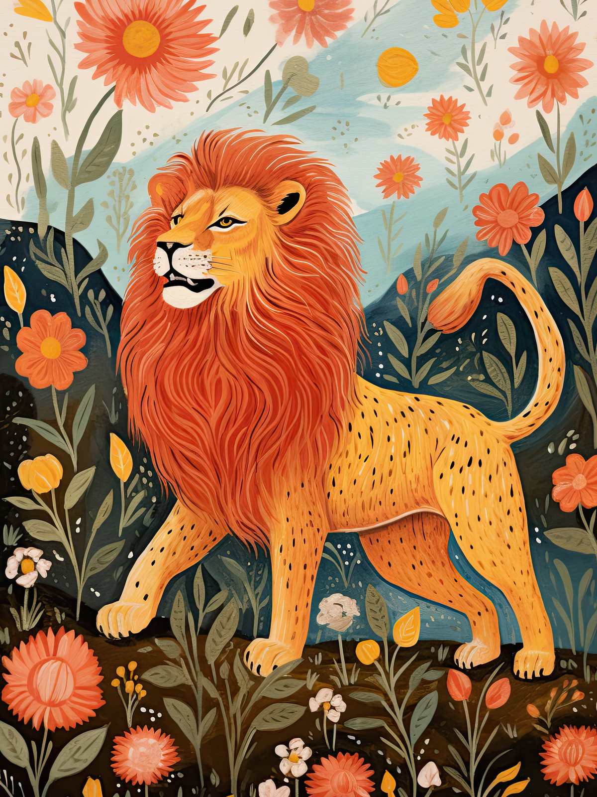 Poster - Lejon i Blomsterdjungel