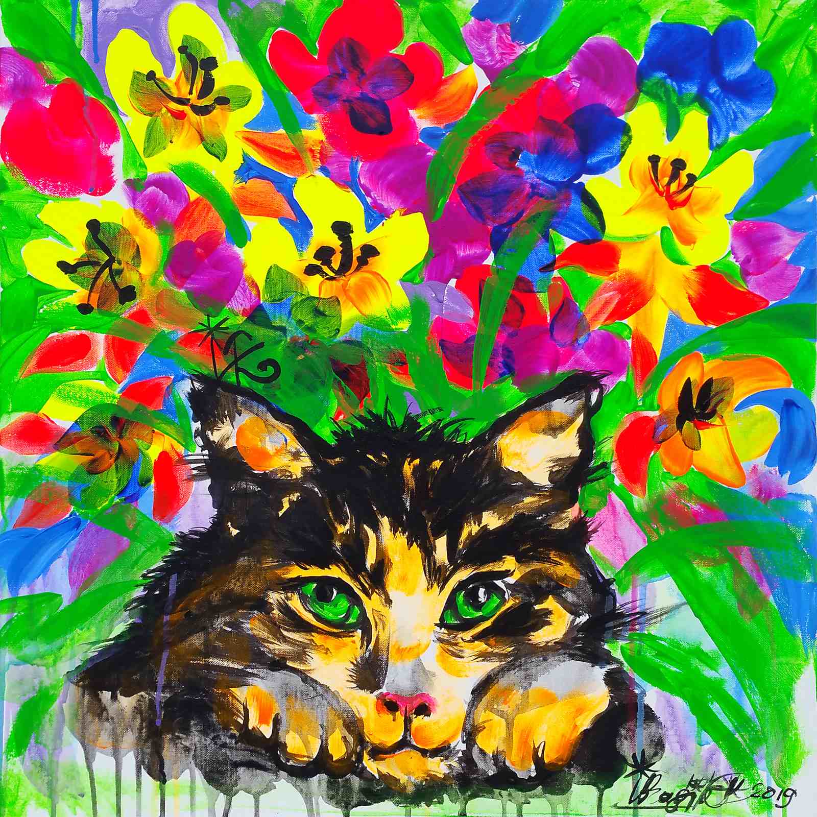 Poster - Katt Bland Livliga Blommor