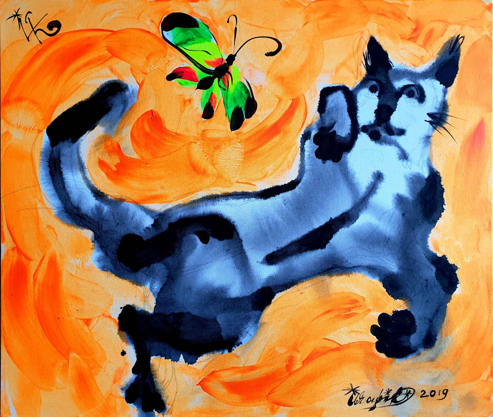 Poster - Lekfull katt och fjäril