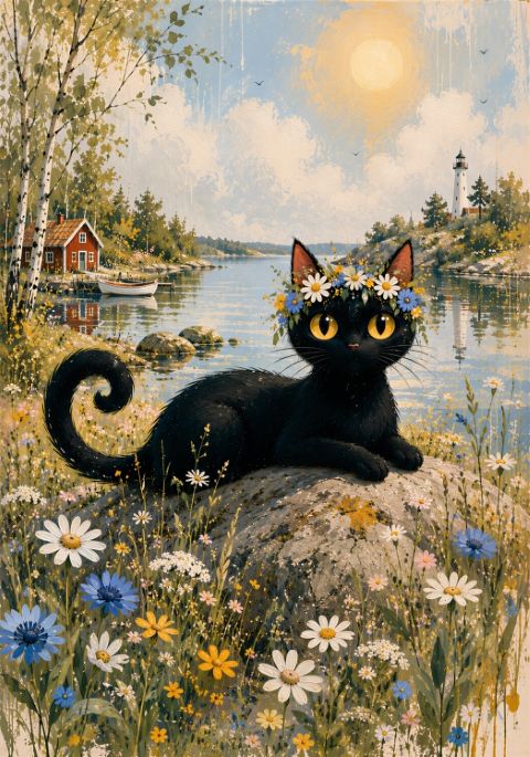 Poster - Svart Katt i Blomster