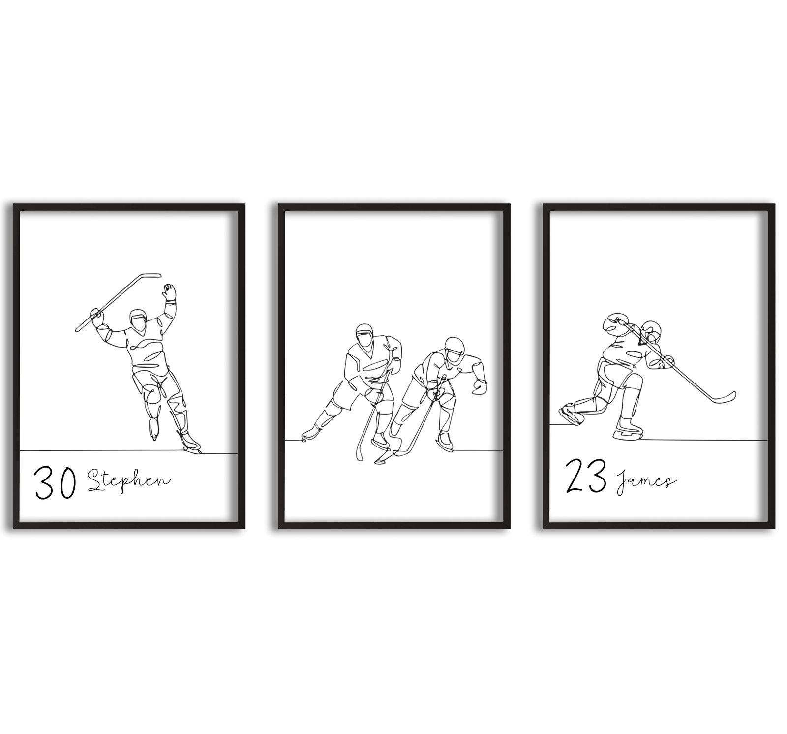 Personlig Poster - Hockey Linjekonst med Namn & Nummer - Set om 3
