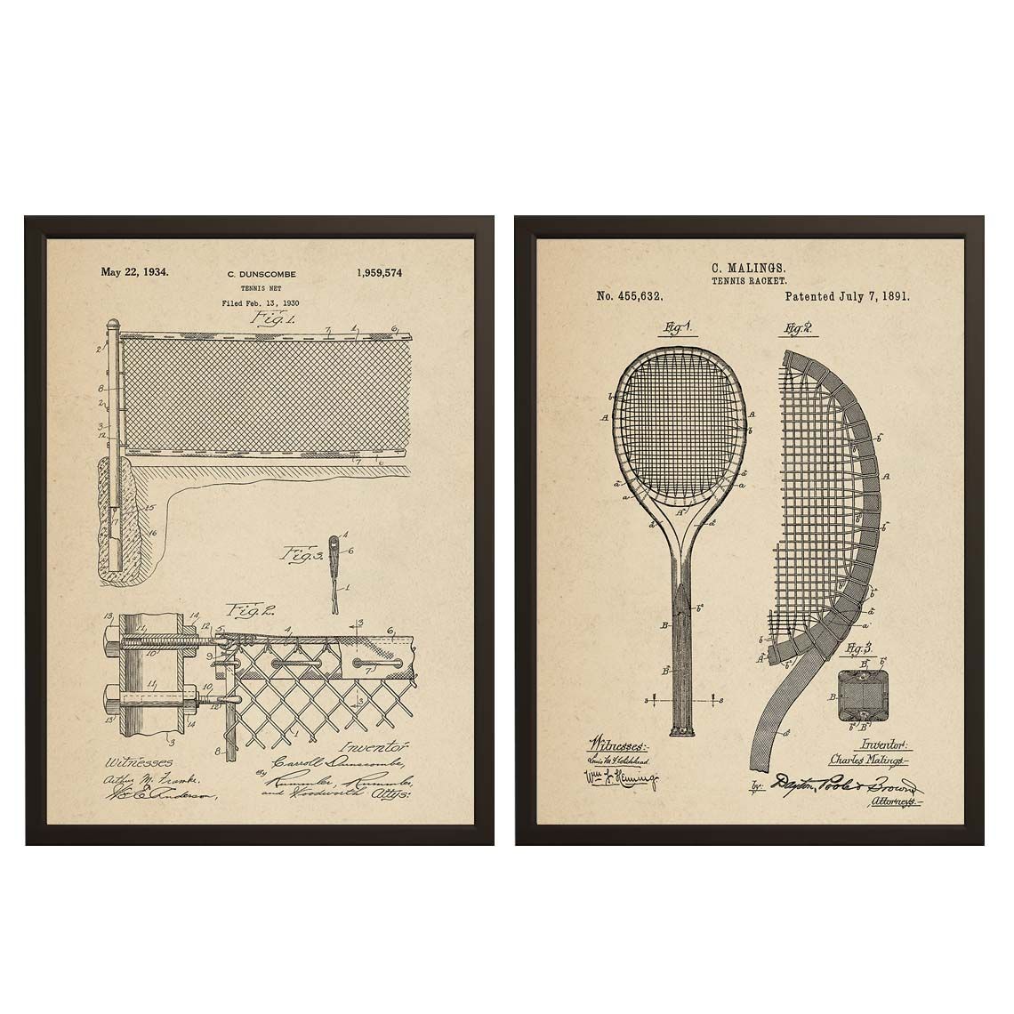 Patentritningsaffisch - Tennisnät & Racket / Set om 2