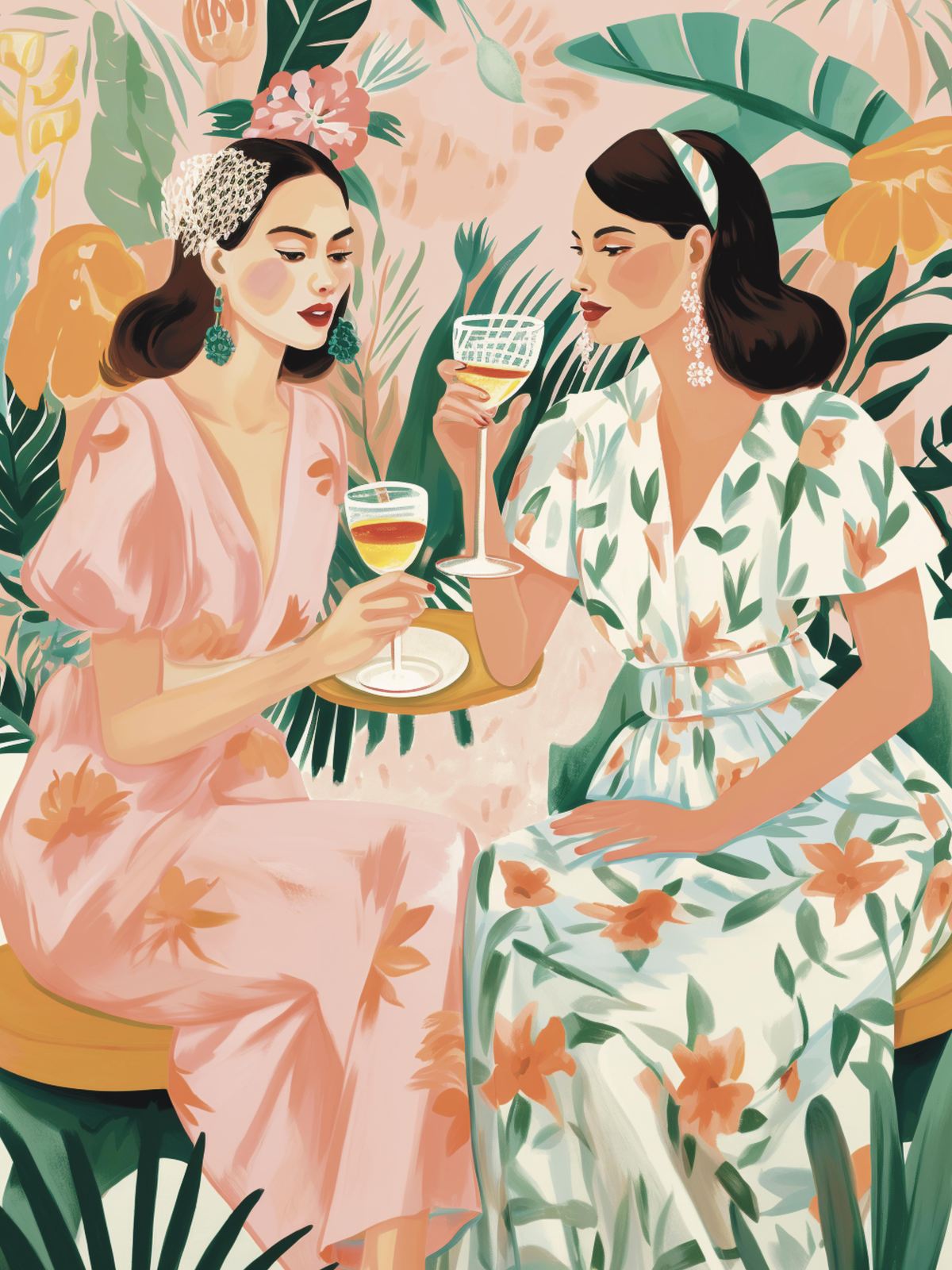 Poster - Eleganta Damer i Blommiga Klänningar