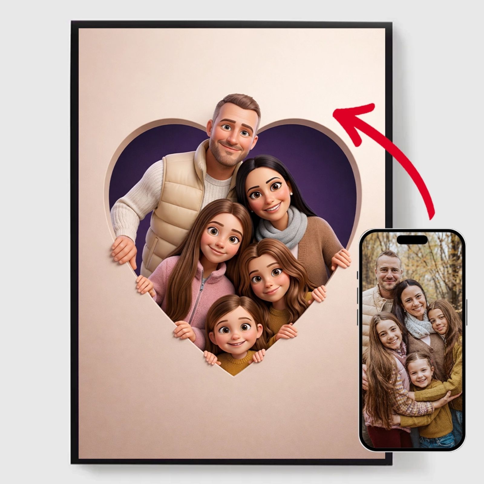 Personlig Poster - 3D Familjeporträtt Hjärta Inramad - AI Poster