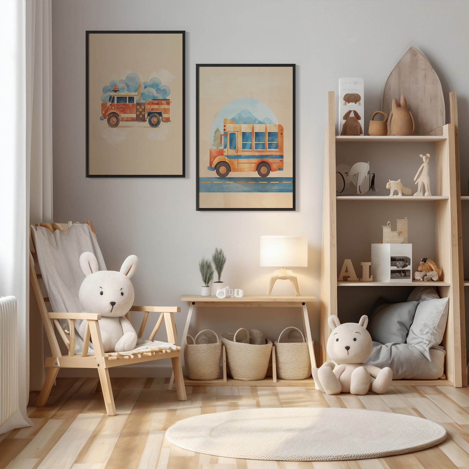 Poster - Färgglad Buss och Brandbil / Set av 2