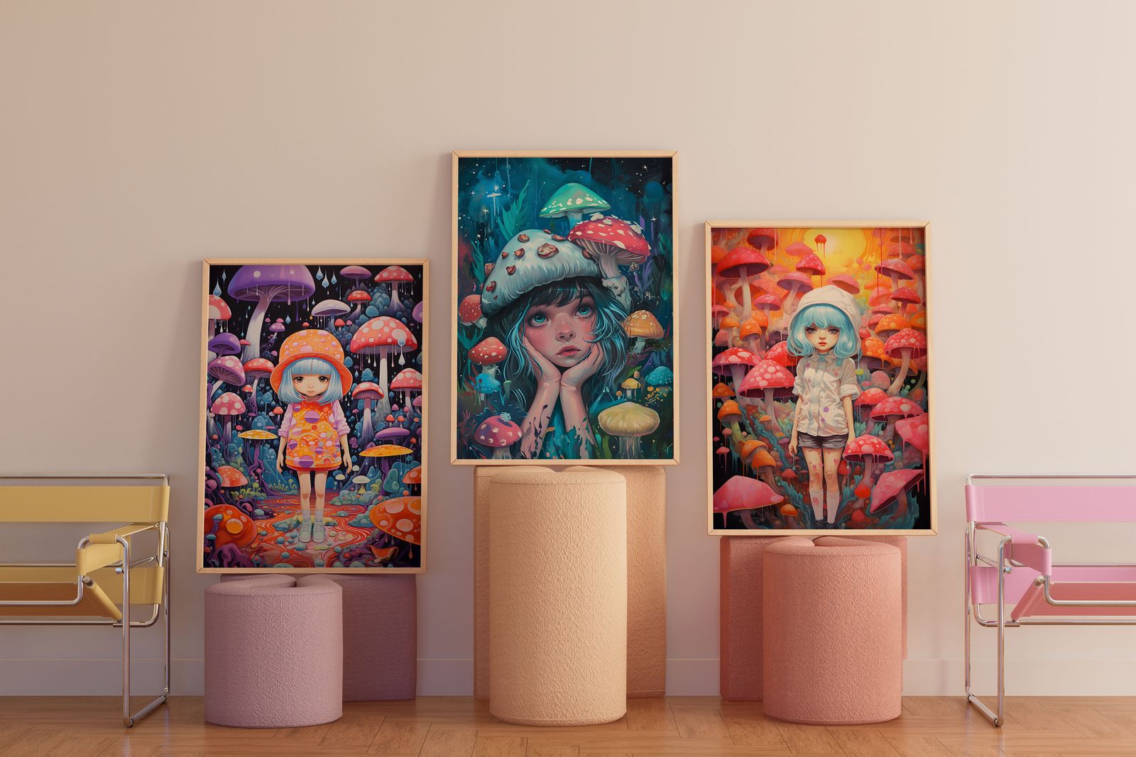 Poster - Färgglada Svampfantasi / Set om 3