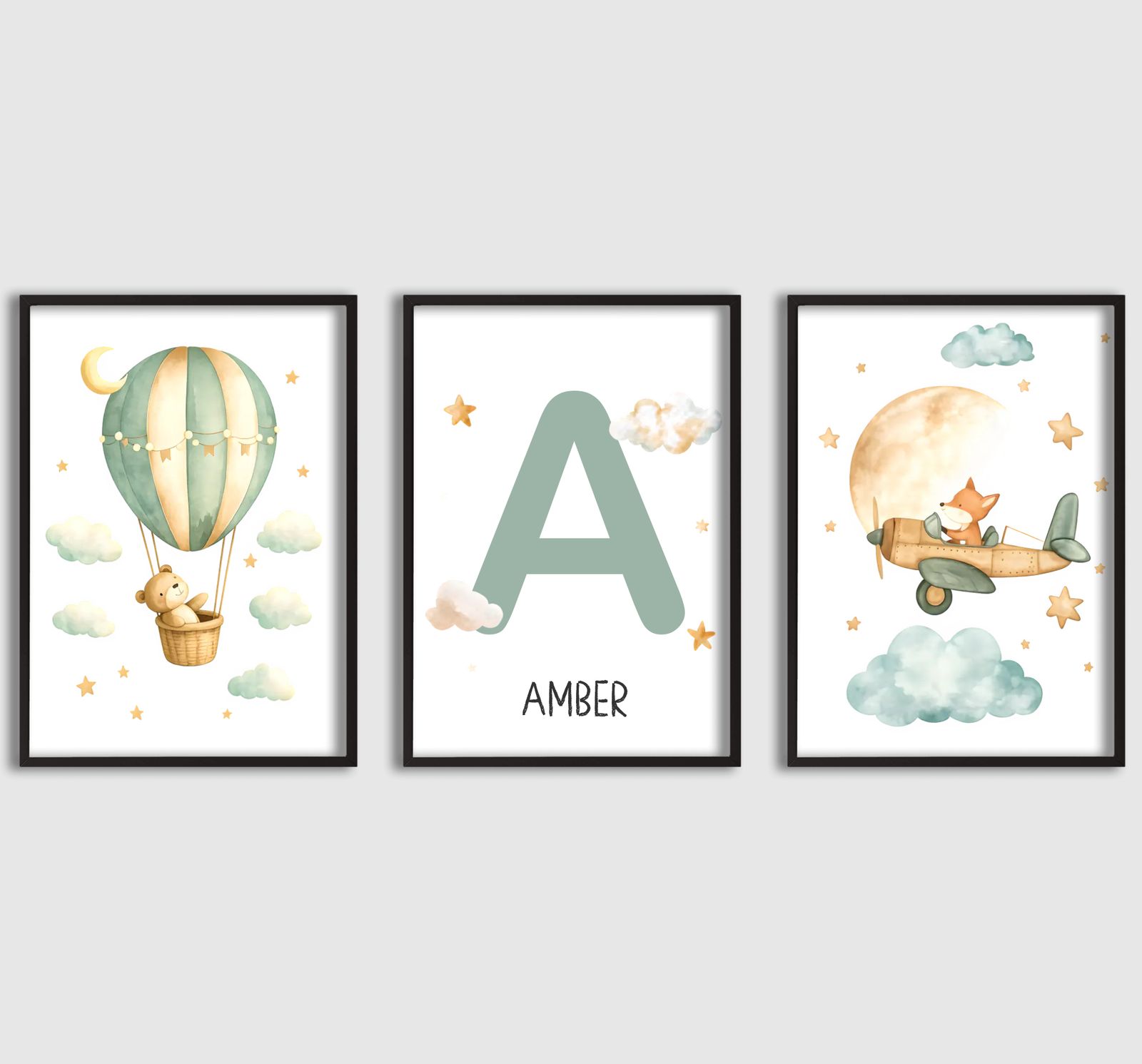 Personlig Poster - Akvarell Barnkammare Flygplan och Ballong - Set om 3