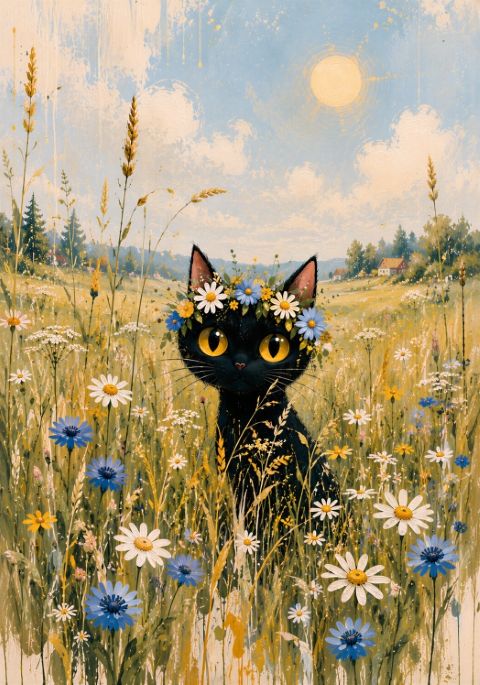 Poster - Svart Katt i Äng
