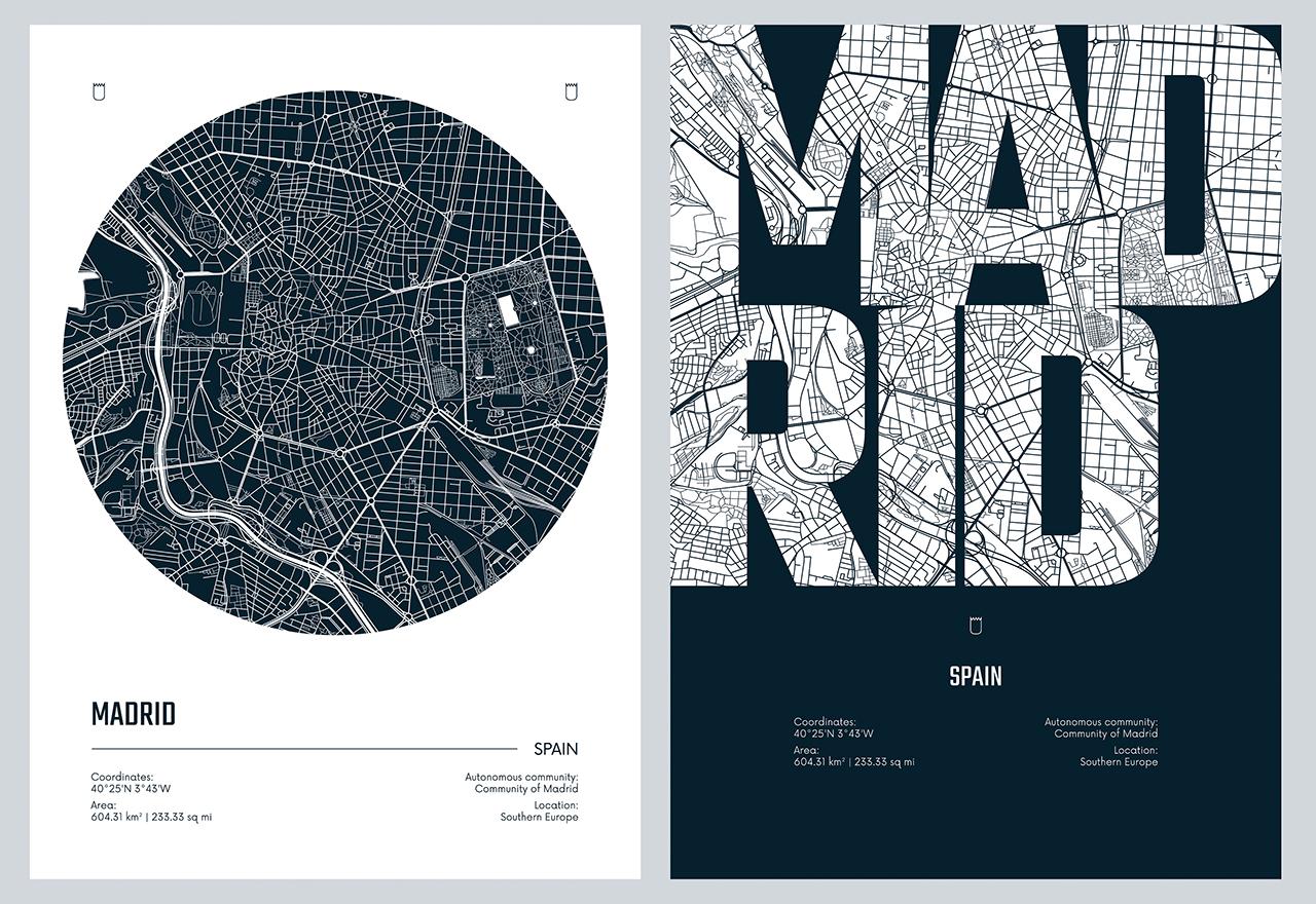 Poster - Madrid Karta Konst / Set av 2
