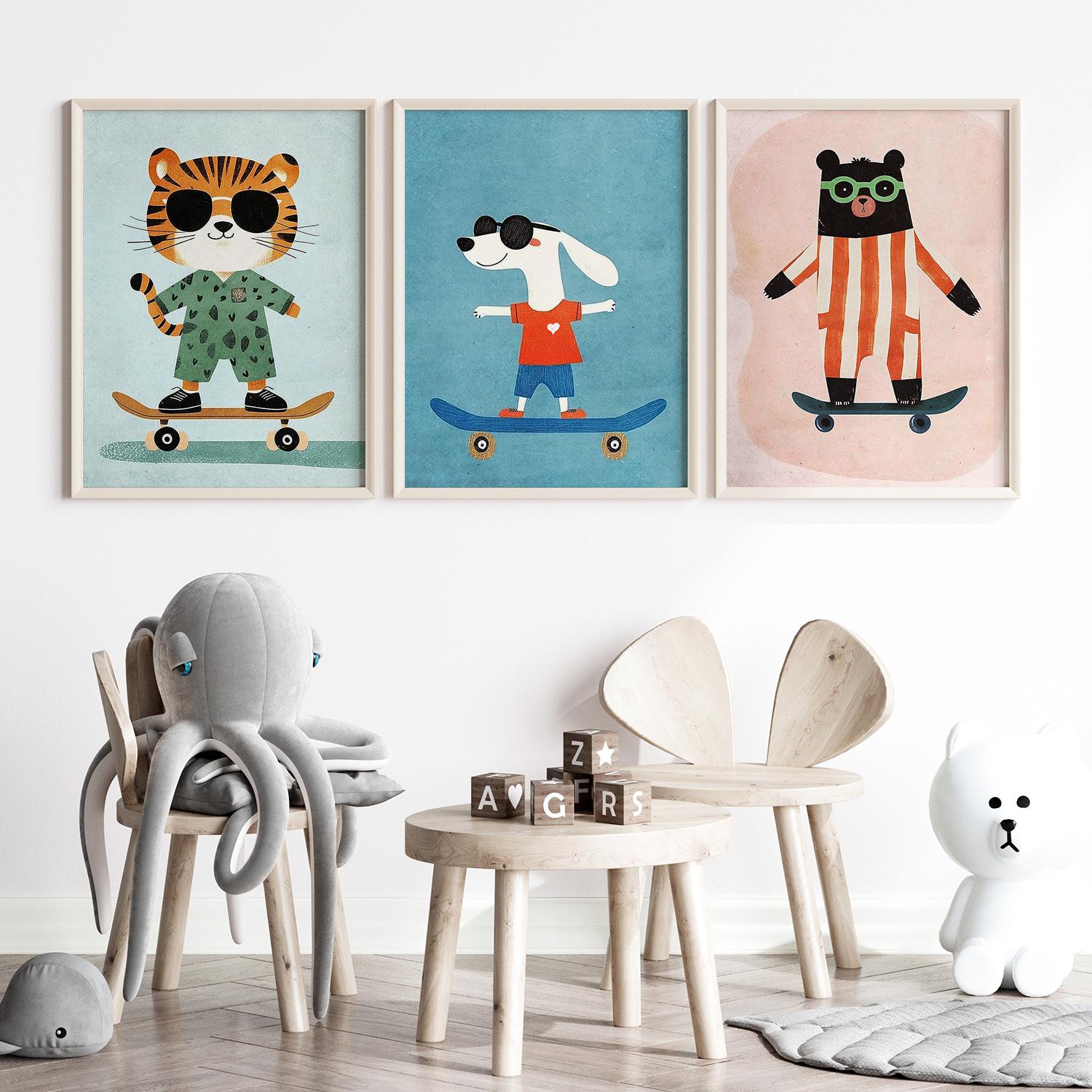 Poster - Cool Skateboard Djur / Set med 3
