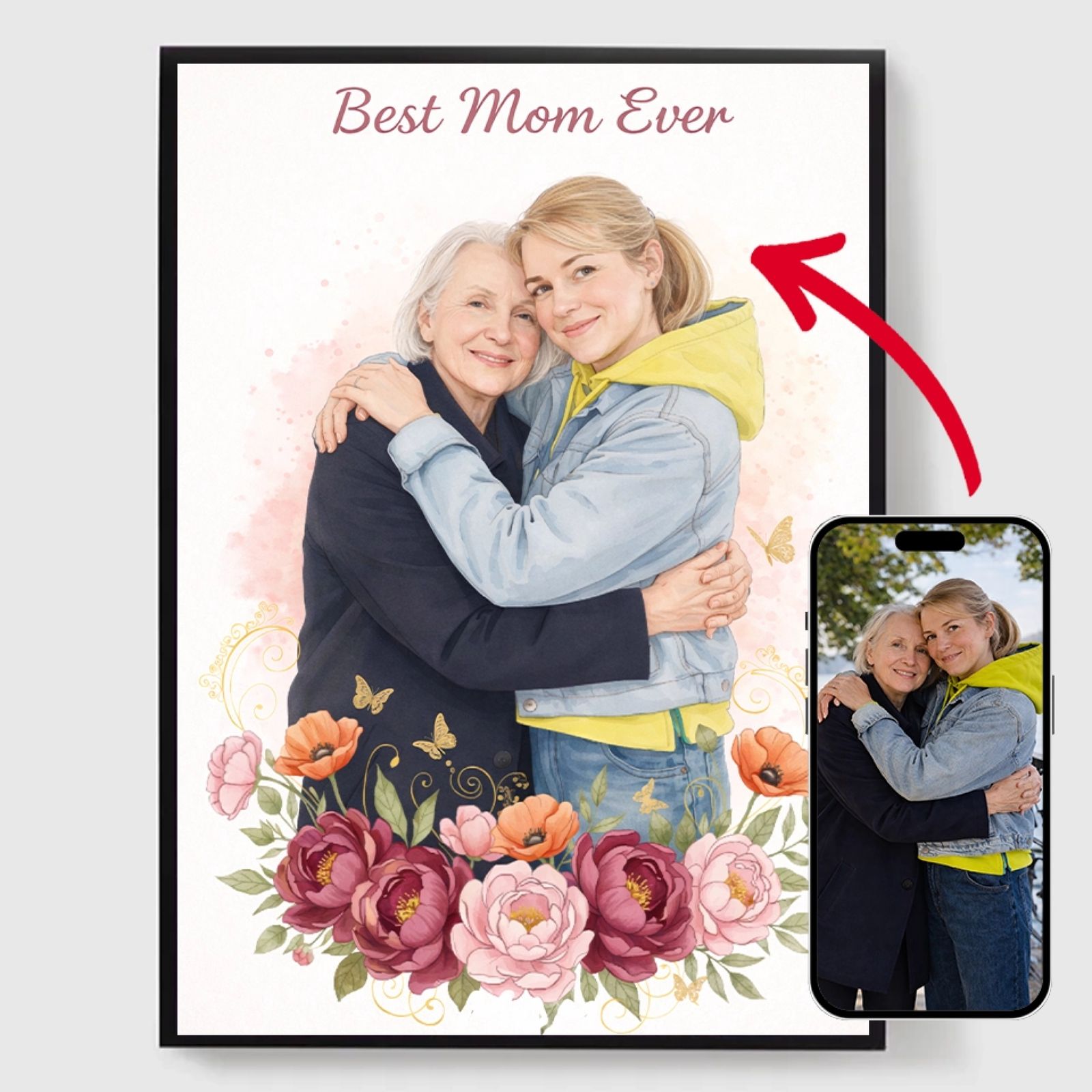 Personlig Poster - Blommig Mamma och Dotter Porträtt - AI Poster